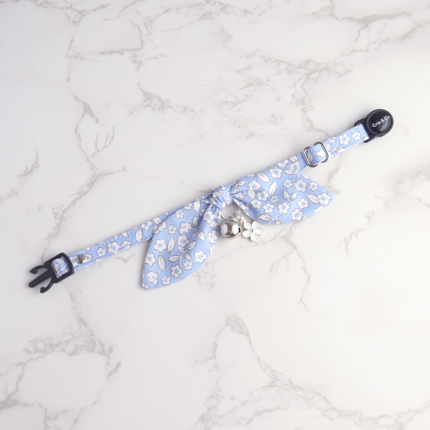 Blue Floral Cat Collar with Charm