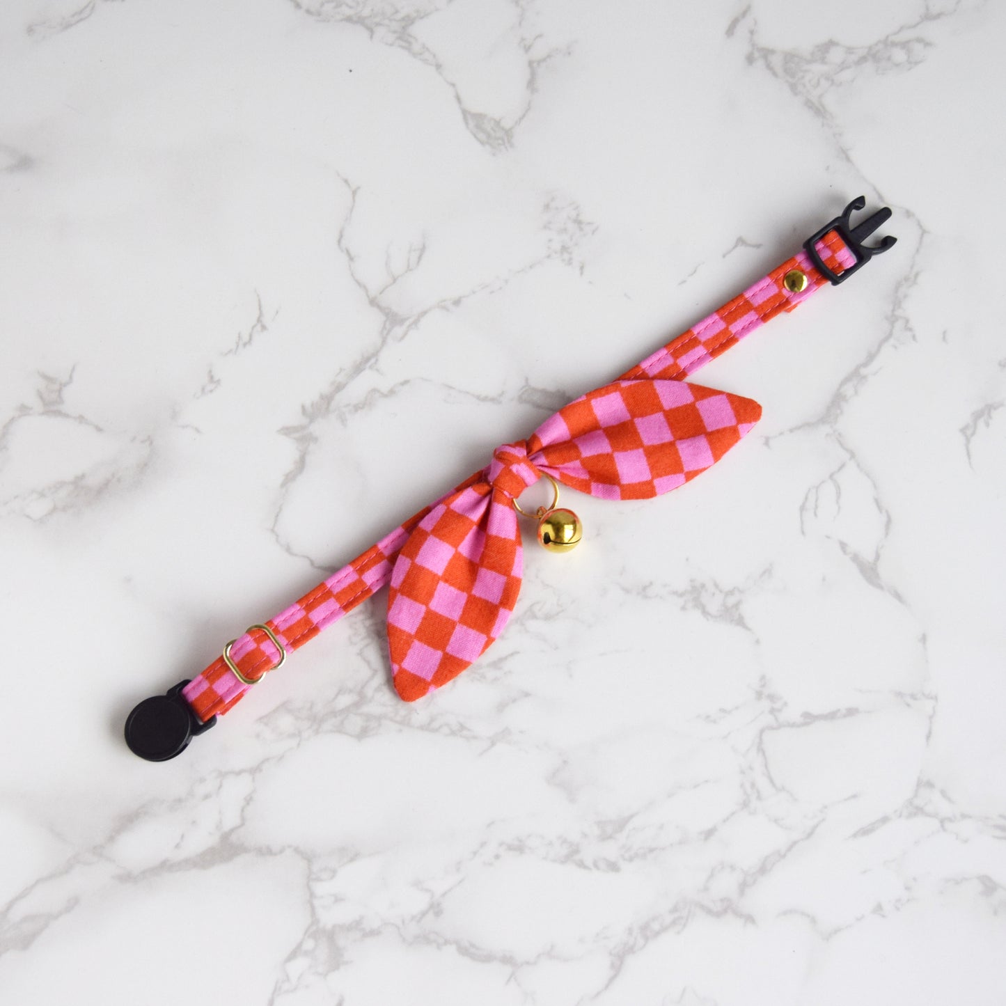Red and Pink Checks Bow Cat Collar
