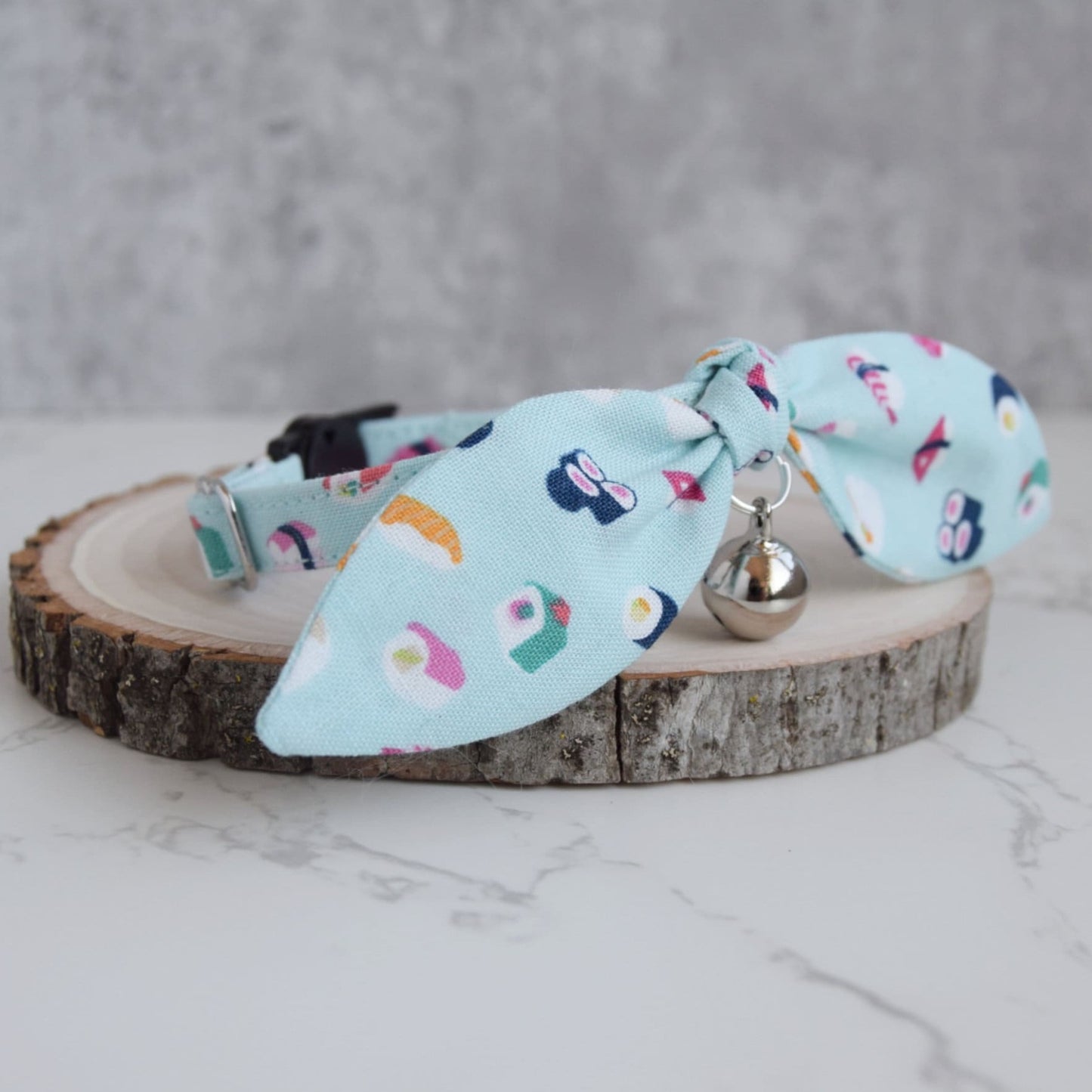 Sushi Cat Collar with Bow - Fun Colorful Breakaway Collar for Cats and Kittens - Soft Cotton Fabric Collar
