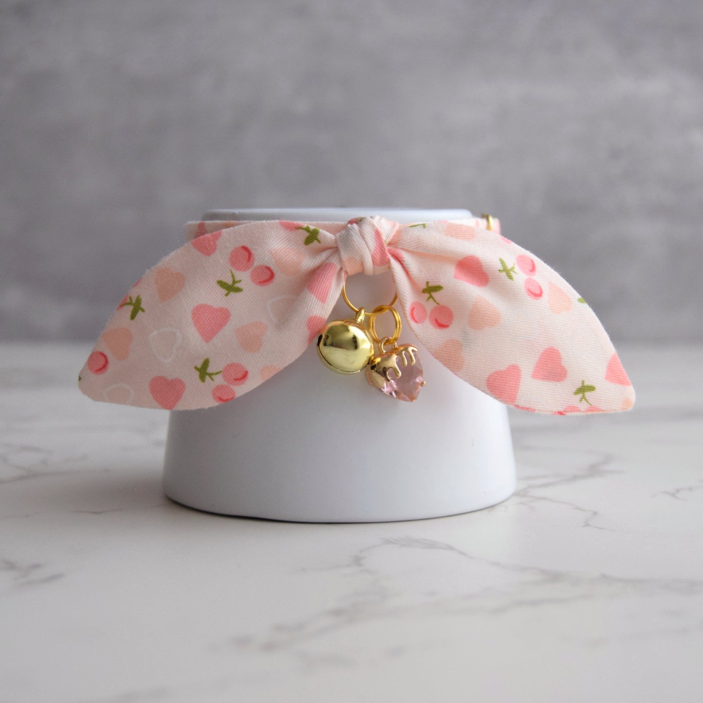 Pink Heart Print Cat Collar with Crystal Charm
