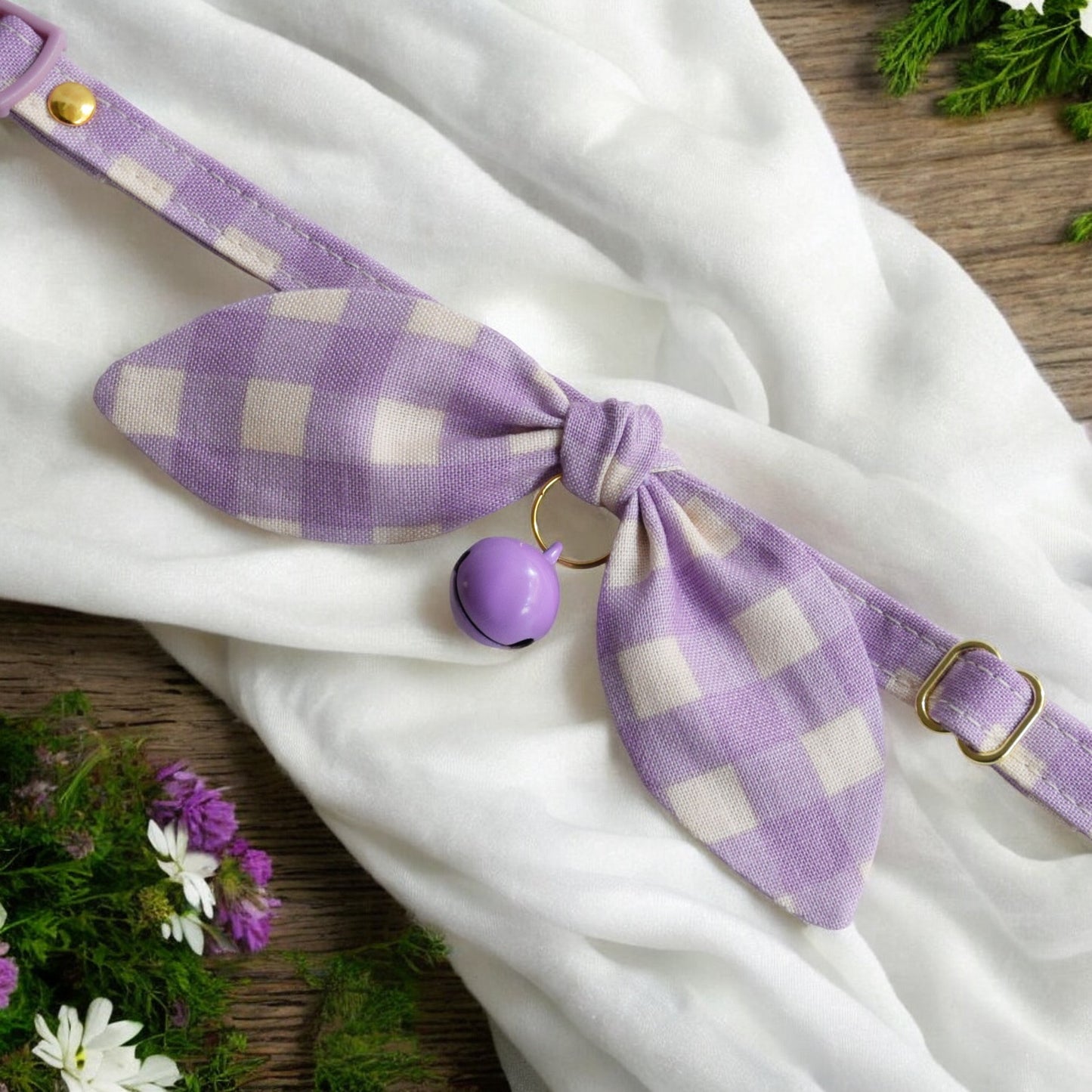 Lavender Gingham Bow Cat Collar