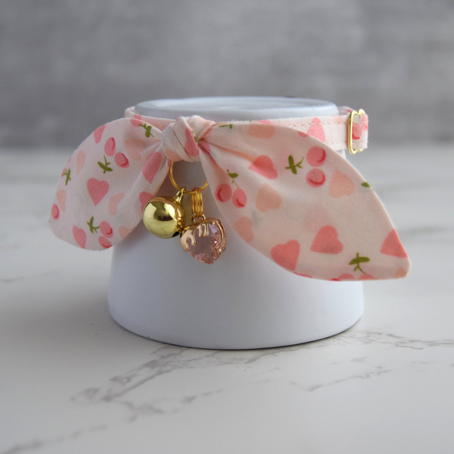 Pink Heart Print Cat Collar with Crystal Charm