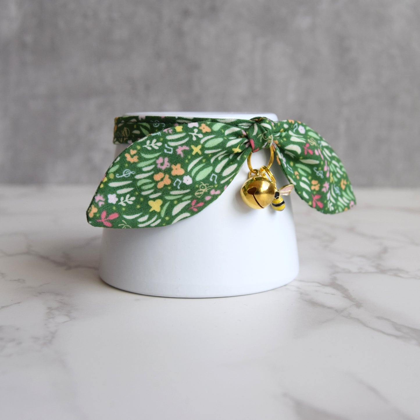 Green Floral Print Cat Collar with Charm