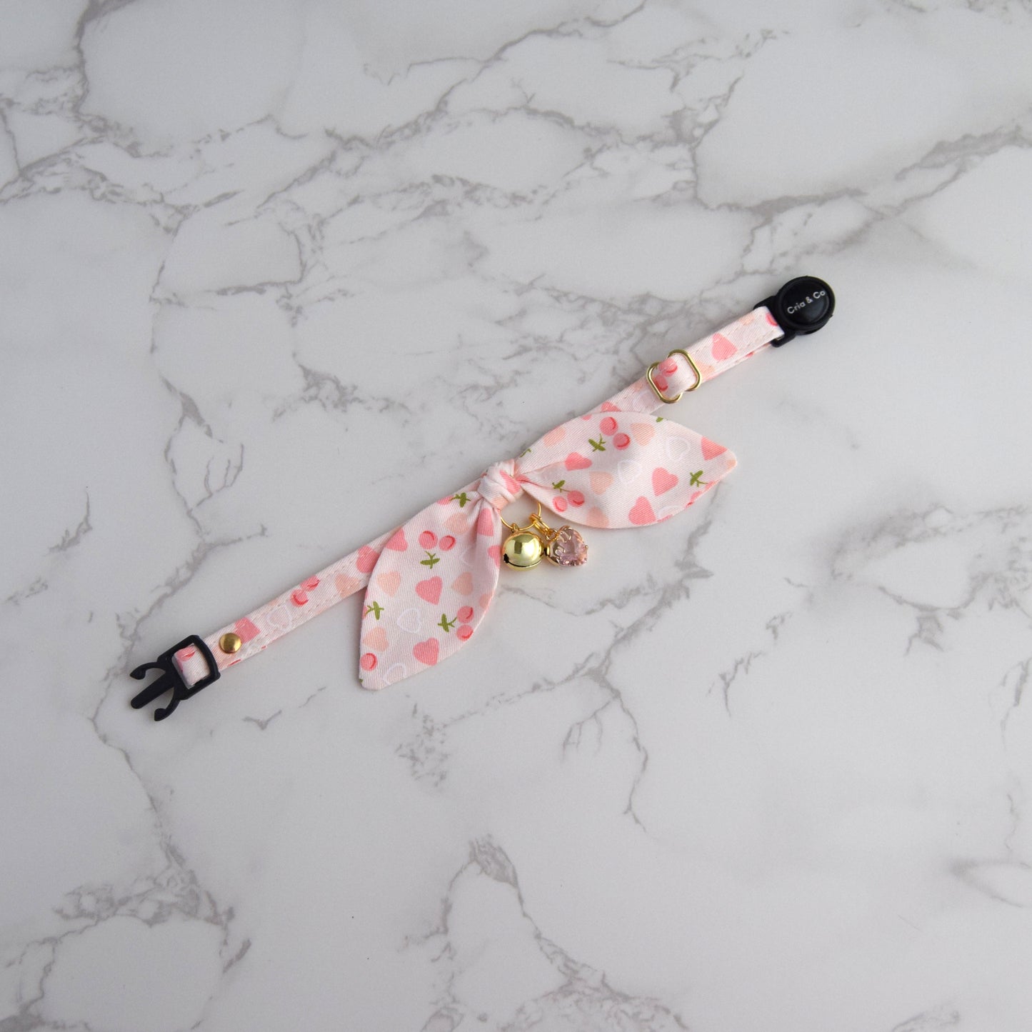 Pink Heart Print Cat Collar with Crystal Charm