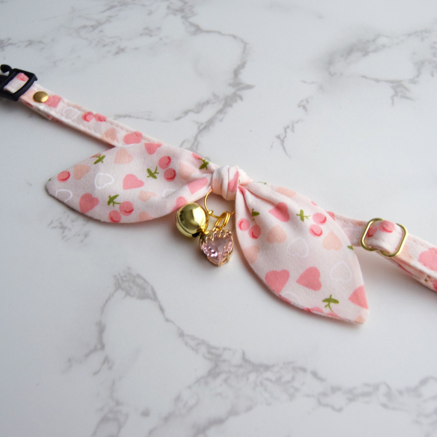 Pink Heart Print Cat Collar with Crystal Charm
