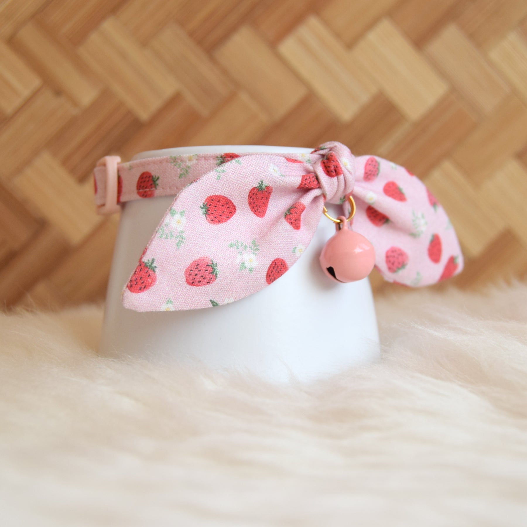 Pink Strawberry print cat collar with bow by Cria & Co