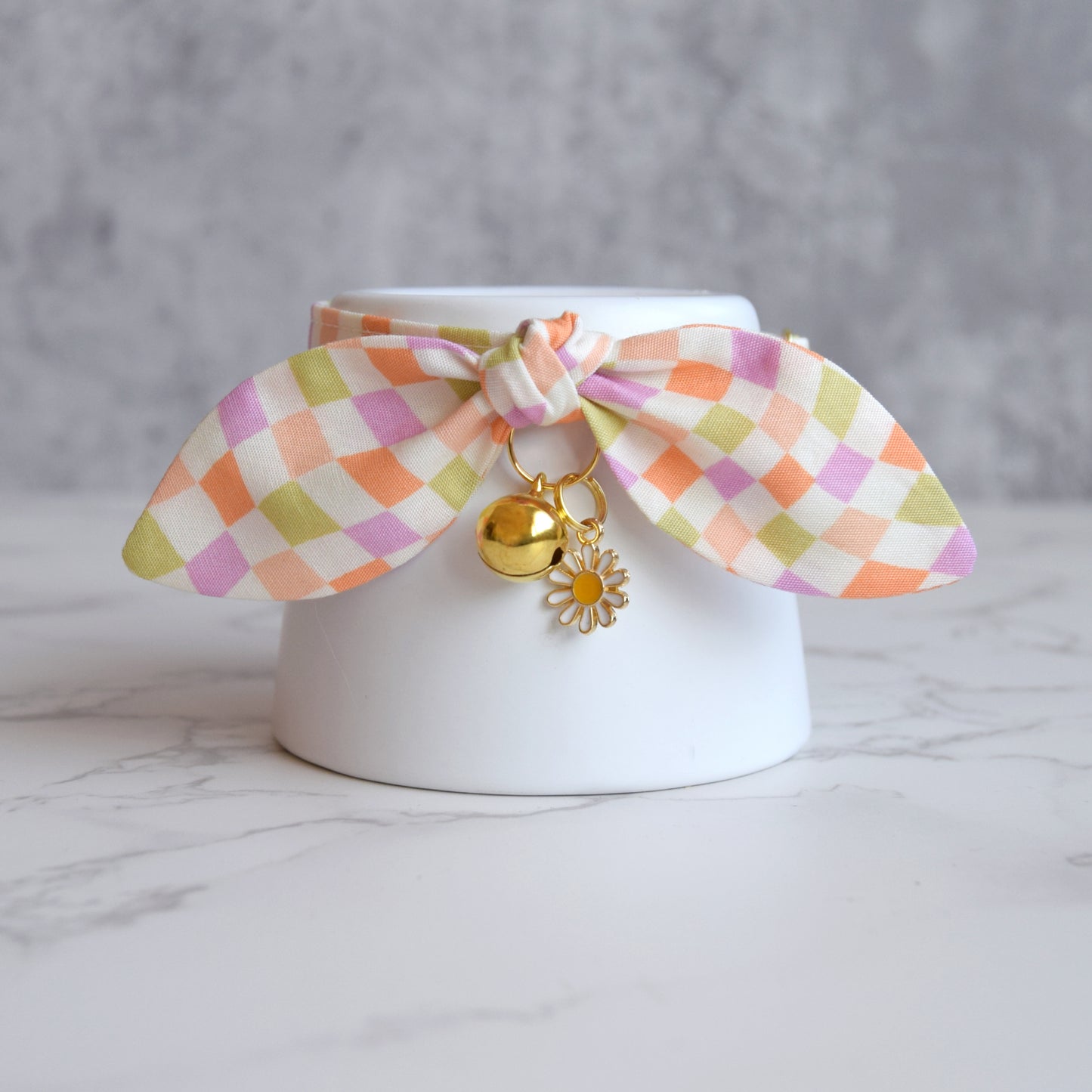 Pastel Checkered Cat Collar with Charm