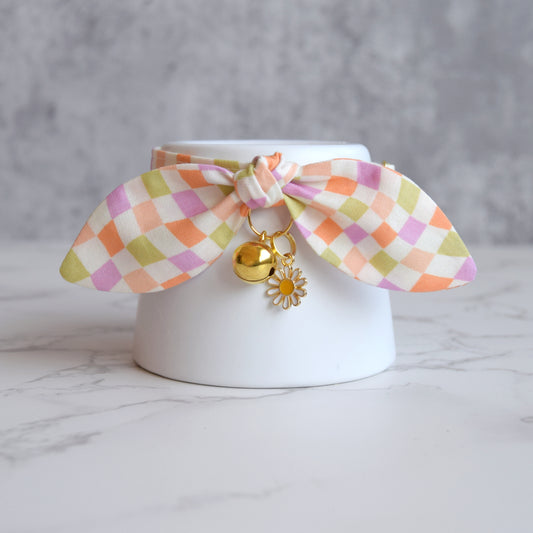 Pastel Checkered Cat Collar with Charm