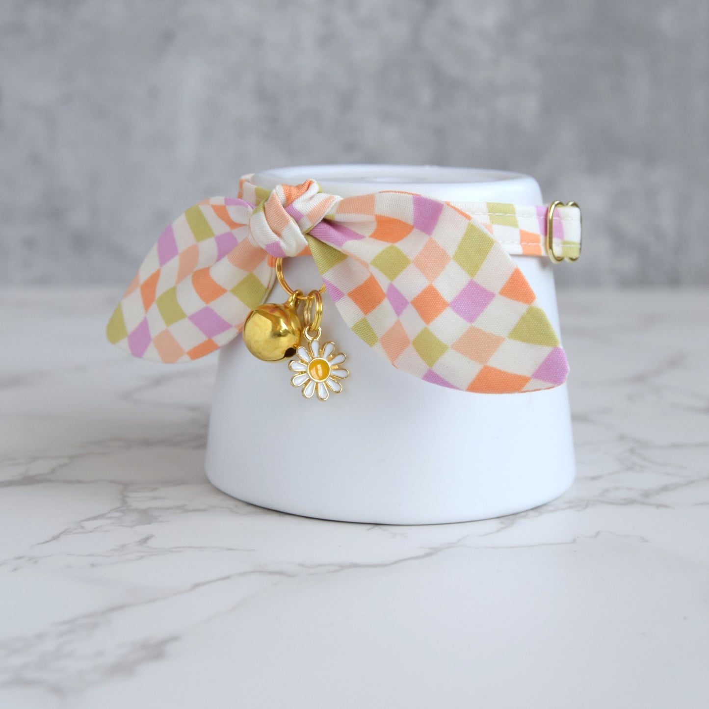 Pastel Checkered Cat Collar with Charm