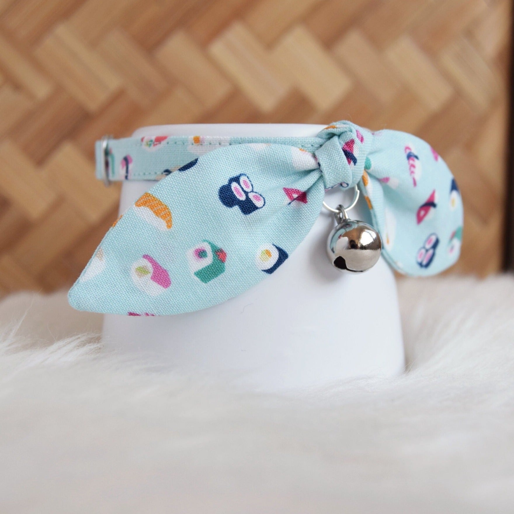 Sushi Cat Collar with Bow - Fun Colorful Breakaway Collar for Cats and Kittens - Soft Cotton Fabric Collar